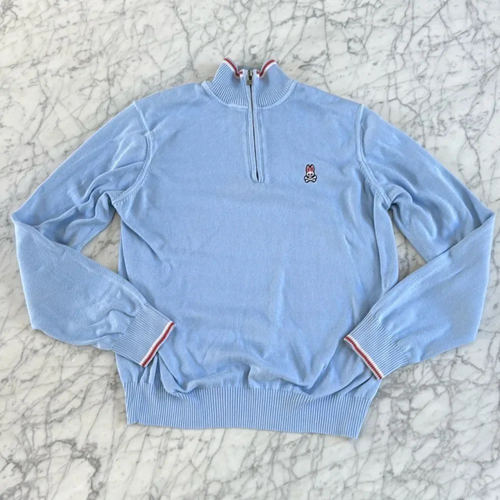 Psycho Bunny Sweater Mens Small Blue Pima Cotton 1/4 Zip Pullover Knit Jacket